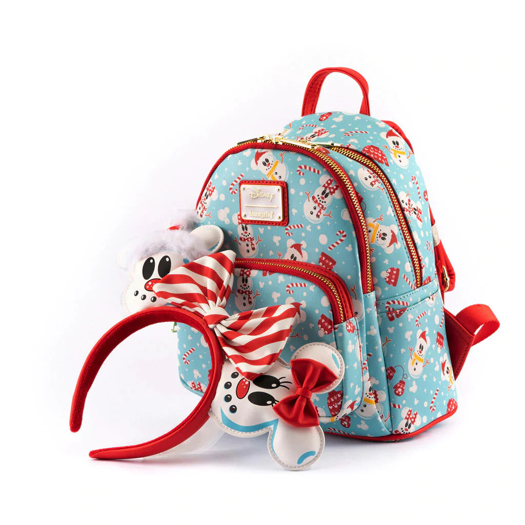 LOUNGEFLY Disney Minnie & Mickey Snowman AOP Mini Backpack & Headband Set Backpacks Loungefly