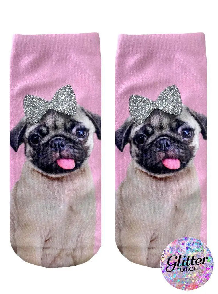 LIVING ROYAL Glitter Pug With A Bow Ankle Socks Socks living royal