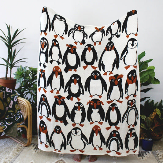 Penguin Party Knit Throw Blanket Blankets Calhoun & Co Black Tie (Black White & Orange) 