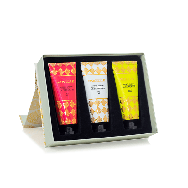 SPONGELLE Holiday Hand Cream Trio #1 - Let It Snow - Sugar Dahlia & Freesia Pear & Coconut Verbena Body Wash Spongelle 