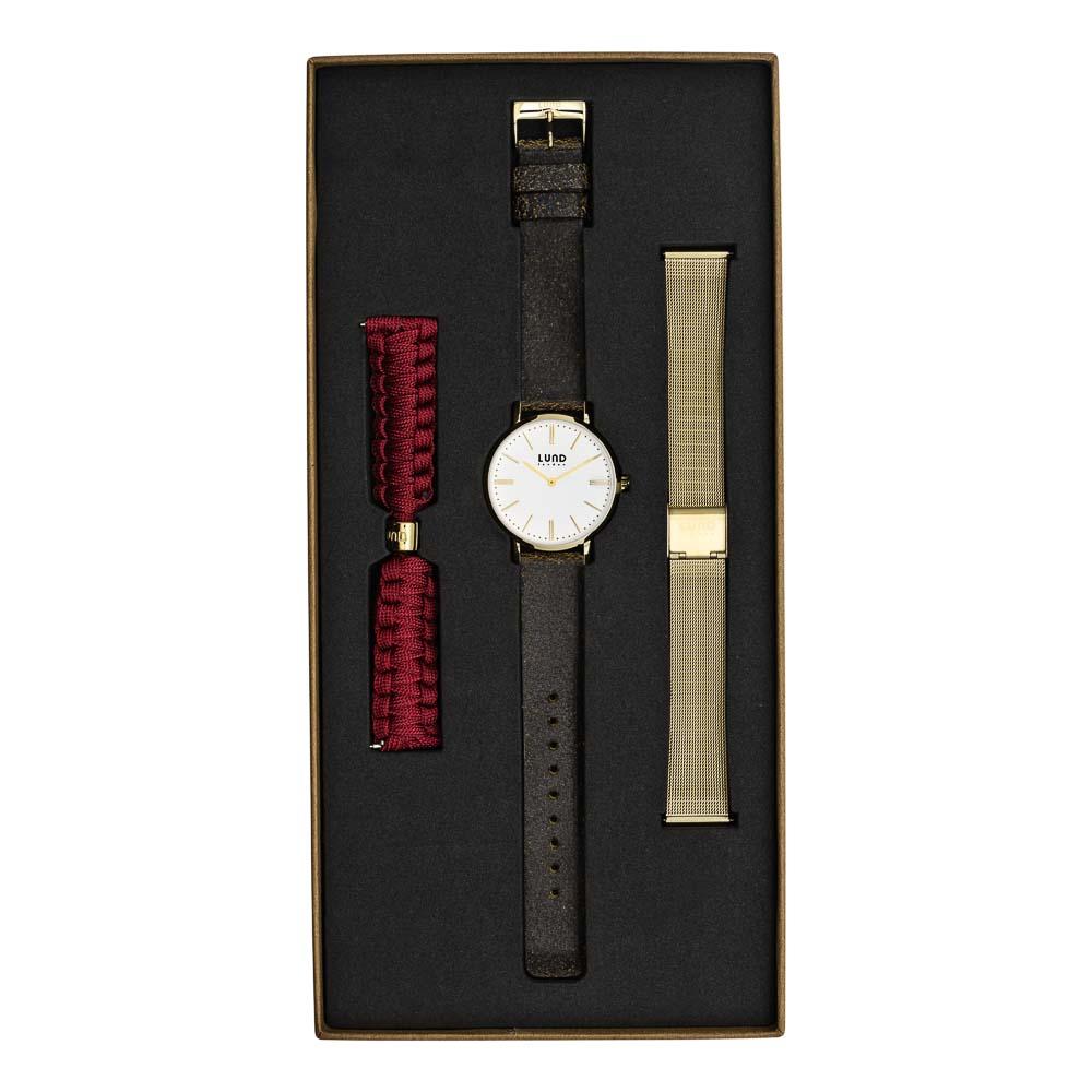 LUND LONDON Watch Set No 7 - Black Leather, Gold Mesh & Burgundy Watch Lund London 