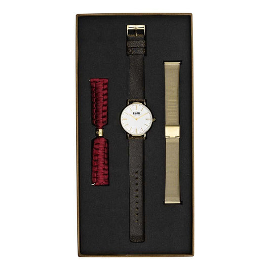 LUND LONDON Watch Set No 7 - Black Leather, Gold Mesh & Burgundy Watch Lund London 