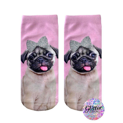 Glitter Pug With A Bow Ankle Socks